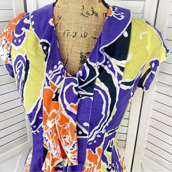Sequel Abstract Paisley Tie Neck Panel Button Front Shirt Purple Multi 8 - Picture 5 of 12